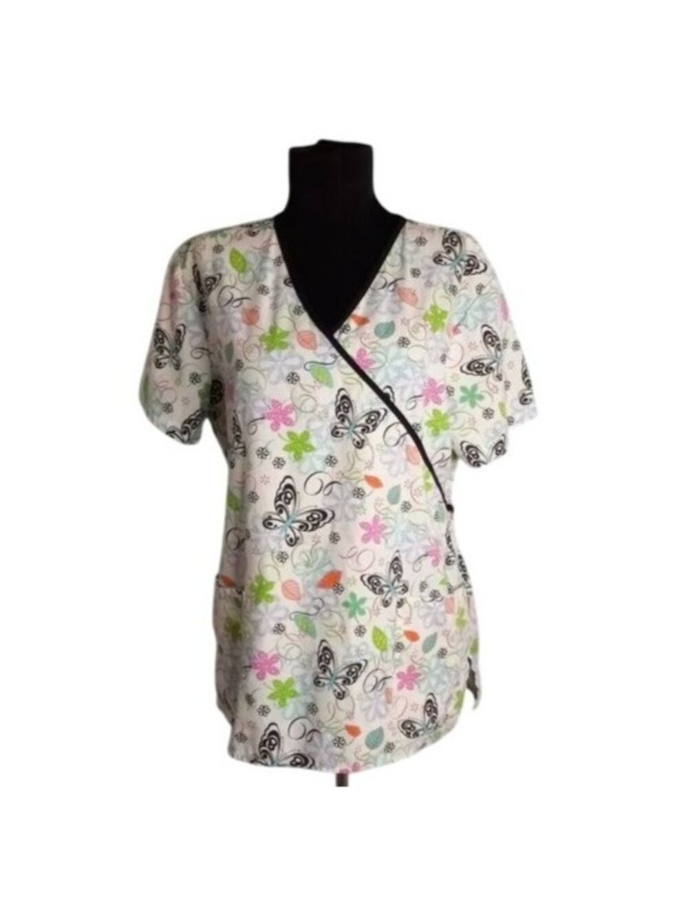 White Cross S Butterfly Floral Print Scrub Top Womens Wrap Style Short Sleeve